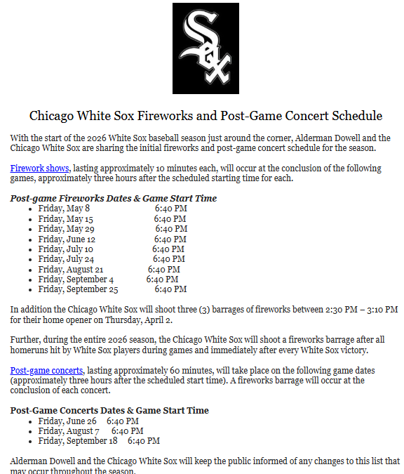 Chicago White Sox Fireworks and Post-Game Concert Schedule
